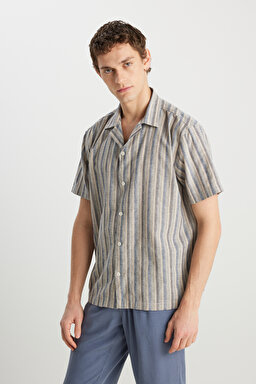 Relaxed Fit Geniş Kesim Pamuk Keten Karışımlı Çizgili Gömlek - Indigo Stripe-W5797442297
