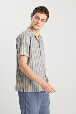 Relaxed Fit Geniş Kesim Pamuk Keten Karışımlı Çizgili Gömlek - Indigo Stripe-W5797442297 (görsel 3)
