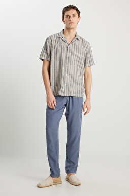 Relaxed Fit Geniş Kesim Pamuk Keten Karışımlı Çizgili Gömlek - Indigo Stripe-W5797442297 (görsel 4)
