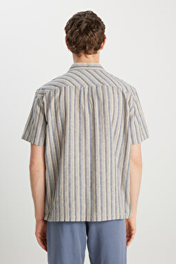 Relaxed Fit Geniş Kesim Pamuk Keten Karışımlı Çizgili Gömlek - Indigo Stripe-W5797442297 (görsel 6)