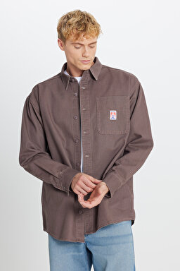 %100 Pamuk Oversize Gömlek Yaka Cepli Ceket - Peppercorn-W58520891960P (görsel 2)