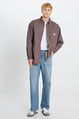%100 Pamuk Oversize Gömlek Yaka Cepli Ceket - Peppercorn-W58520891960P (görsel 3)