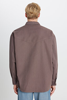 %100 Pamuk Oversize Gömlek Yaka Cepli Ceket - Peppercorn-W58520891960P (görsel 5)