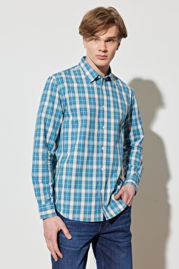 Regular Fit Normal Kesim %100 Pamuk Kareli Uzun Kollu Gömlek - Deep Water-W594TR69F
