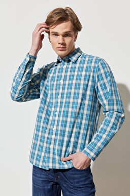 Regular Fit Normal Kesim %100 Pamuk Kareli Uzun Kollu Gömlek - Deep Water-W594TR69F (görsel 2)