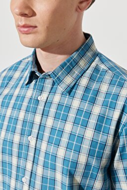 Regular Fit Normal Kesim %100 Pamuk Kareli Uzun Kollu Gömlek - Deep Water-W594TR69F (görsel 5)