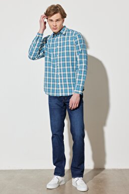 Regular Fit Normal Kesim %100 Pamuk Kareli Uzun Kollu Gömlek - Deep Water-W594TR69F (görsel 6)
