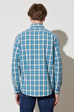Regular Fit Normal Kesim %100 Pamuk Kareli Uzun Kollu Gömlek - Deep Water-W594TR69F (görsel 7)