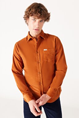 Regular Fit Normal Kesim %100 Pamuk Turuncu Uzun Kollu Gömlek - Leather Brown-W5A14AH29