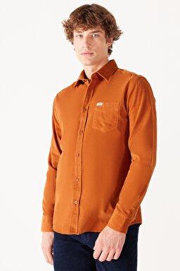 Regular Fit Normal Kesim %100 Pamuk Turuncu Uzun Kollu Gömlek - Leather Brown-W5A14AH29 (görsel 2)
