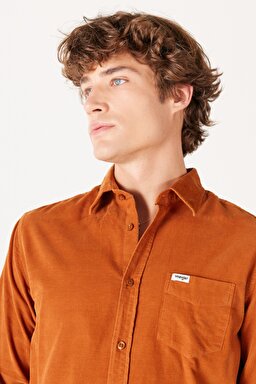 Regular Fit Normal Kesim %100 Pamuk Turuncu Uzun Kollu Gömlek - Leather Brown-W5A14AH29 (görsel 4)