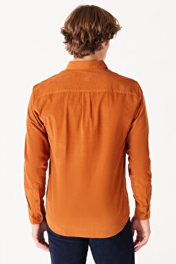 Regular Fit Normal Kesim %100 Pamuk Turuncu Uzun Kollu Gömlek - Leather Brown-W5A14AH29 (görsel 6)