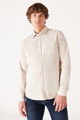 Regular Fit Normal Kesim %100 Pamuk Kadife Kırık Beyaz Uzun Kollu Gömlek - Rainy Day-W5A14AXGI (görsel 3)