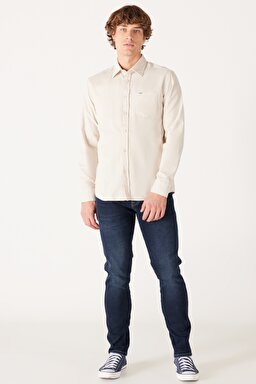 Regular Fit Normal Kesim %100 Pamuk Kadife Kırık Beyaz Uzun Kollu Gömlek - Rainy Day-W5A14AXGI (görsel 5)