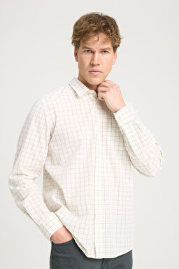 Regular Fit Normal Kesim %100 Pamuk Kareli Uzun Kollu Gömlek - Worn White-W5A24MW02 (görsel 2)