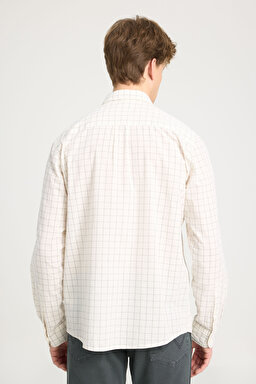 Regular Fit Normal Kesim %100 Pamuk Kareli Uzun Kollu Gömlek - Worn White-W5A24MW02 (görsel 5)
