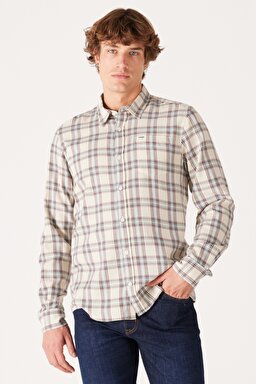 Regular Fit Normal Kesim %100 Pamuk Kırık Beyaz Ekoseli Uzun Kollu Gömlek - Worn White-W5A25QW02