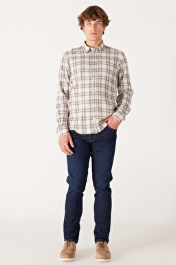 Regular Fit Normal Kesim %100 Pamuk Kırık Beyaz Ekoseli Uzun Kollu Gömlek - Worn White-W5A25QW02 (görsel 3)