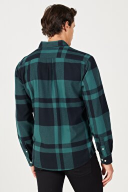 Relaxed Fit Geniş Kesim %100 Pamuk Yeşil Ekoseli Uzun Kollu Gömlek - Dark Matcha-W5A26XG61 (görsel 5)