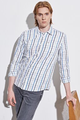 Regular Fit Normal Kesim Kareli Uzun Kollu Gömlek - Worn White-W5A2MZW02