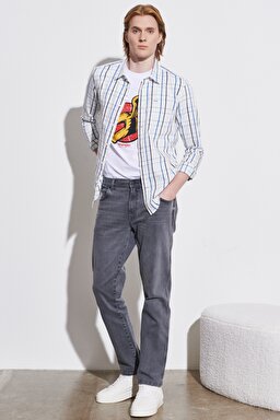 Regular Fit Normal Kesim Kareli Uzun Kollu Gömlek - Worn White-W5A2MZW02 (görsel 5)
