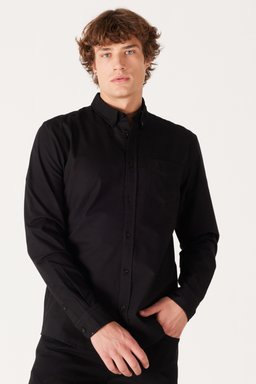 Regular Fit Normal Kesim %100 Pamuk Siyah Uzun Kollu Gömlek - Black-W5A3BM001