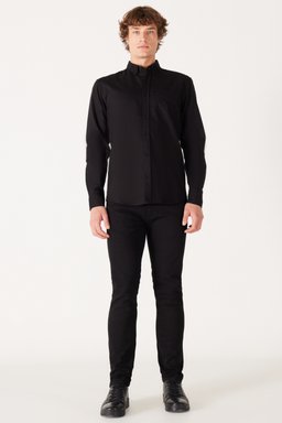 Regular Fit Normal Kesim %100 Pamuk Siyah Uzun Kollu Gömlek - Black-W5A3BM001 (görsel 4)