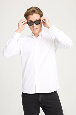 Regular Fit Normal Kesim %100 Pamuk Uzun Kollu Beyaz Oxford Gömlek - White-W5A3BM989 (görsel 2)