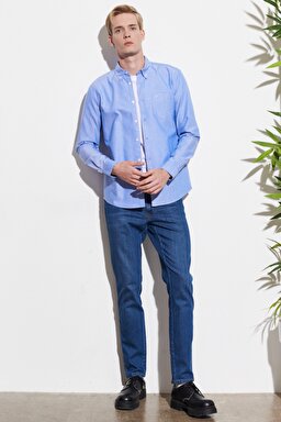 Regular Fit Normal Kesim %100 Pamuk Açık Mavi Oxford Gömlek - Dark Blue-W5A3BMX50 (görsel 7)