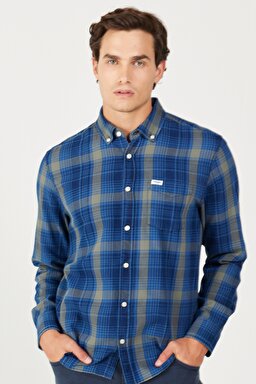 Regular Fit Normal Kesim %100 Pamuk Şardonlu Lacivert Ekoseli Uzun Kollu Gömlek - Dark Indigo-W5B15VX1E