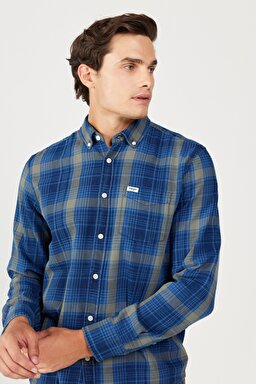 Regular Fit Normal Kesim %100 Pamuk Şardonlu Lacivert Ekoseli Uzun Kollu Gömlek - Dark Indigo-W5B15VX1E (görsel 4)