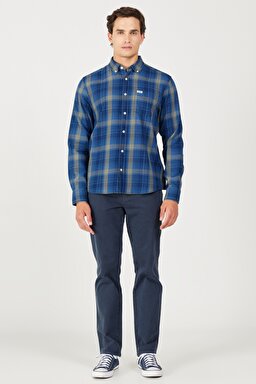 Regular Fit Normal Kesim %100 Pamuk Şardonlu Lacivert Ekoseli Uzun Kollu Gömlek - Dark Indigo-W5B15VX1E (görsel 5)