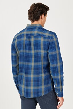 Regular Fit Normal Kesim %100 Pamuk Şardonlu Lacivert Ekoseli Uzun Kollu Gömlek - Dark Indigo-W5B15VX1E (görsel 6)