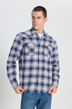 Regular Fit Normal Kesim %100 Pamuk Mavi Ekoseli Gömlek - Blue Shadow-W5B45909126 (görsel 4)
