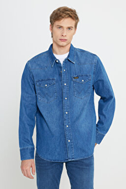 Regular Fit Normal Kesim Esnek Jean Kot Gömlek - Indigo Clay-W5D1NC152
