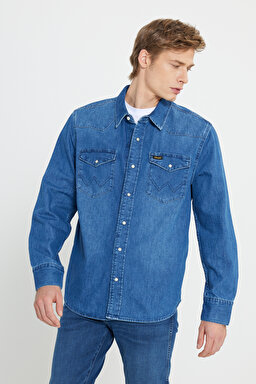 Regular Fit Normal Kesim Esnek Jean Kot Gömlek - Indigo Clay-W5D1NC152 (görsel 2)