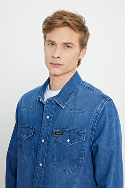 Regular Fit Normal Kesim Esnek Jean Kot Gömlek - Indigo Clay-W5D1NC152 (görsel 4)