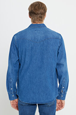 Regular Fit Normal Kesim Esnek Jean Kot Gömlek - Indigo Clay-W5D1NC152 (görsel 5)
