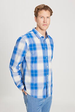 Regular Fit Normal Kesim %100 Pamuk Kareli Uzun Kollu Gömlek - Nautical Blue-W5D64MXV2