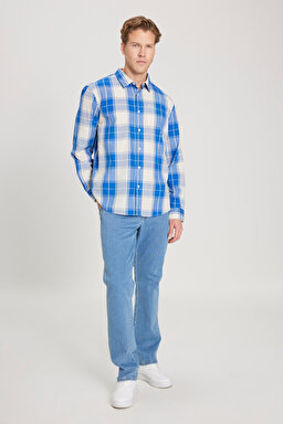 Regular Fit Normal Kesim %100 Pamuk Kareli Uzun Kollu Gömlek - Nautical Blue-W5D64MXV2 (görsel 4)