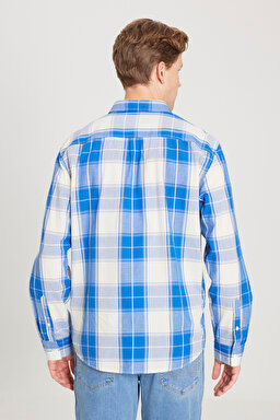 Regular Fit Normal Kesim %100 Pamuk Kareli Uzun Kollu Gömlek - Nautical Blue-W5D64MXV2 (görsel 6)
