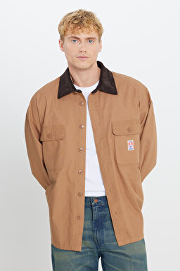 %100 Pamuk Oversize Gömlek Yaka Cepli Ceket - Toasted Coconut-W5G7209032996