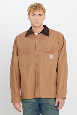 %100 Pamuk Oversize Gömlek Yaka Cepli Ceket - Toasted Coconut-W5G7209032996 (görsel 2)