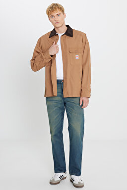 %100 Pamuk Oversize Gömlek Yaka Cepli Ceket - Toasted Coconut-W5G7209032996 (görsel 3)