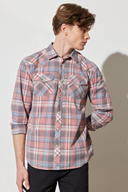 Regular Fit Normal Kesim %100 Pamuk Kareli Uzun Kollu Gömlek - Faded Rose-W5H94MXAP