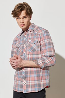 Regular Fit Normal Kesim %100 Pamuk Kareli Uzun Kollu Gömlek - Faded Rose-W5H94MXAP (görsel 2)