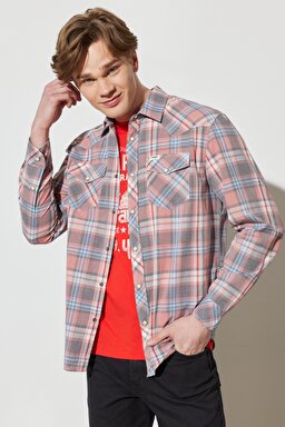 Regular Fit Normal Kesim %100 Pamuk Kareli Uzun Kollu Gömlek - Faded Rose-W5H94MXAP (görsel 4)