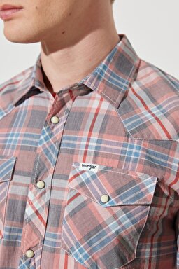 Regular Fit Normal Kesim %100 Pamuk Kareli Uzun Kollu Gömlek - Faded Rose-W5H94MXAP (görsel 5)