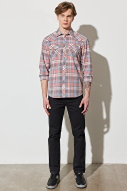 Regular Fit Normal Kesim %100 Pamuk Kareli Uzun Kollu Gömlek - Faded Rose-W5H94MXAP (görsel 6)