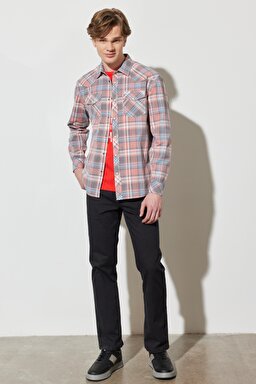 Regular Fit Normal Kesim %100 Pamuk Kareli Uzun Kollu Gömlek - Faded Rose-W5H94MXAP (görsel 7)